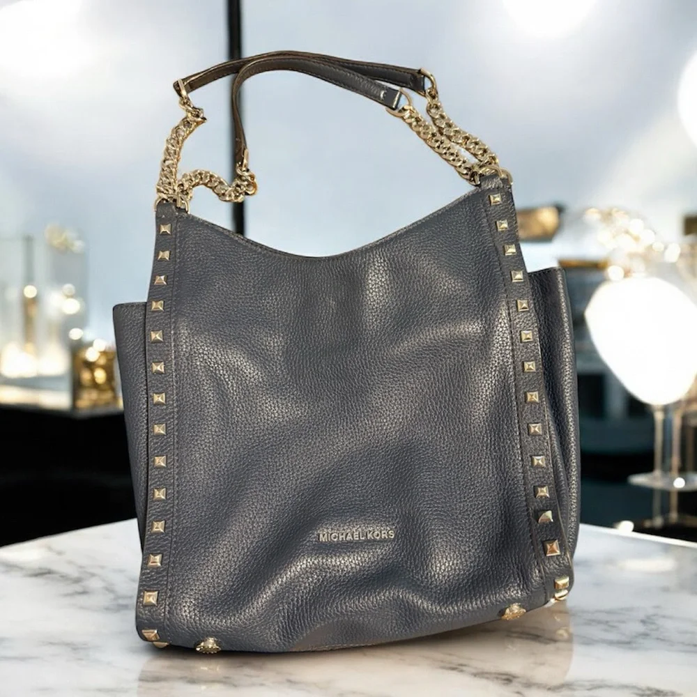 Michael Kors Navy, Studded Pebble Leather Chain Bag